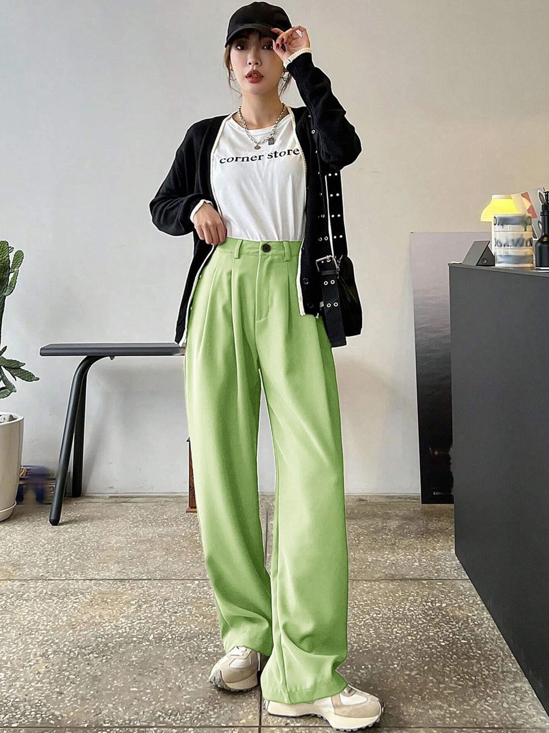 KOTTY BIZwear Women Green Relaxed Straight Leg Straight Fit High-Rise Easy Wash Pleated Trousers