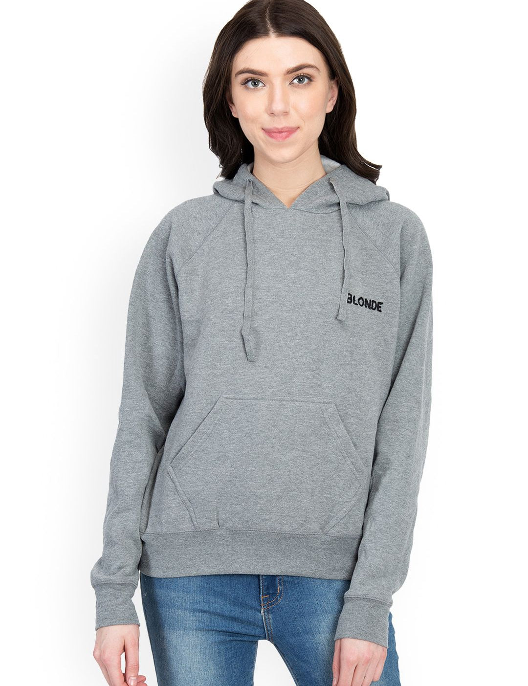 Kotty Women Grey Solid Hooded Sweatshirt