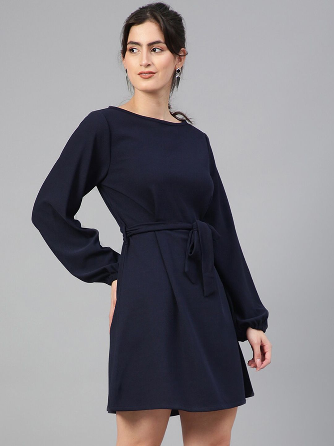 Kotty Navy Blue Puff Sleeves A-Line Dress With Belt