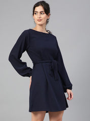 Kotty Navy Blue Puff Sleeves A-Line Dress With Belt