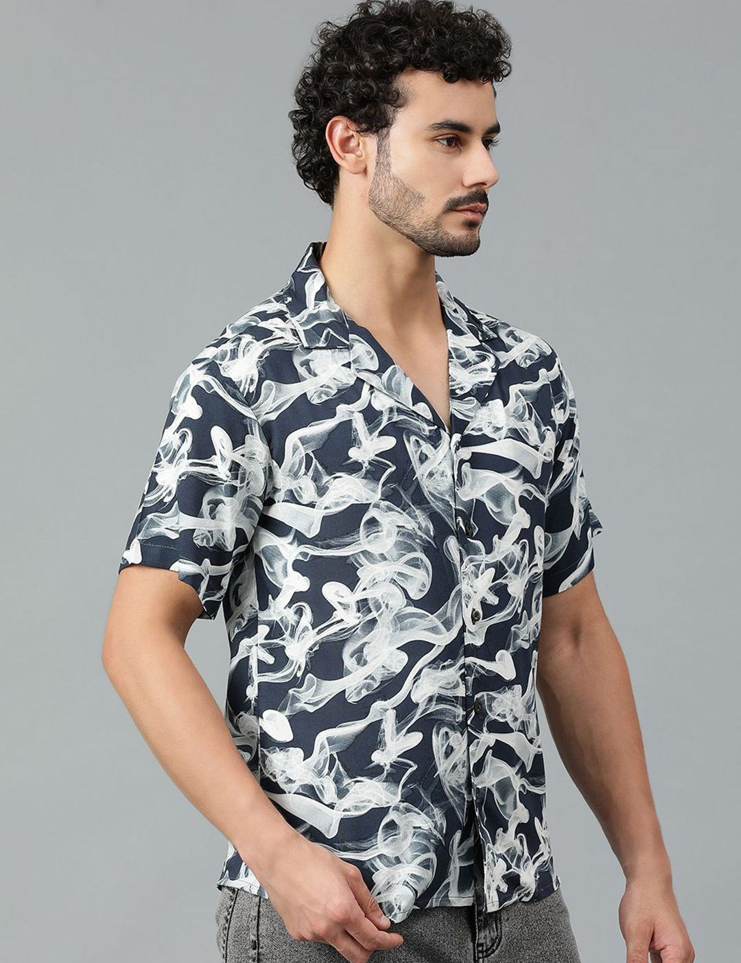 Kotty Men Cuban Collar Abstract Printed Casual Shirt