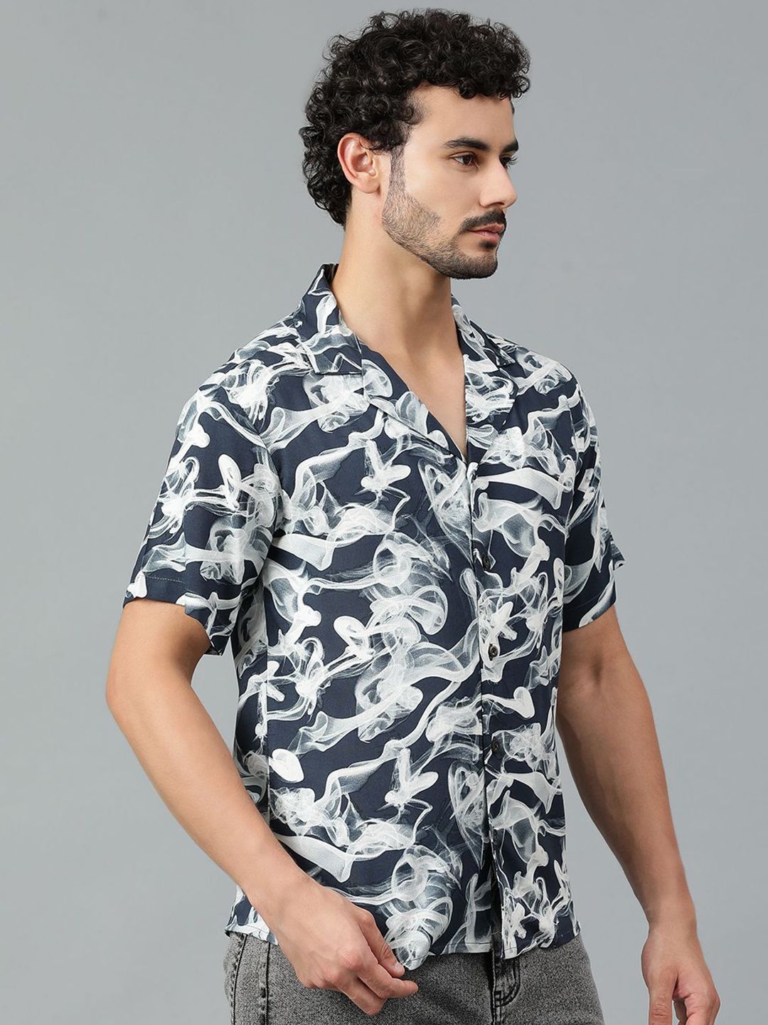 Kotty Men Cuban Collar Abstract Printed Casual Shirt