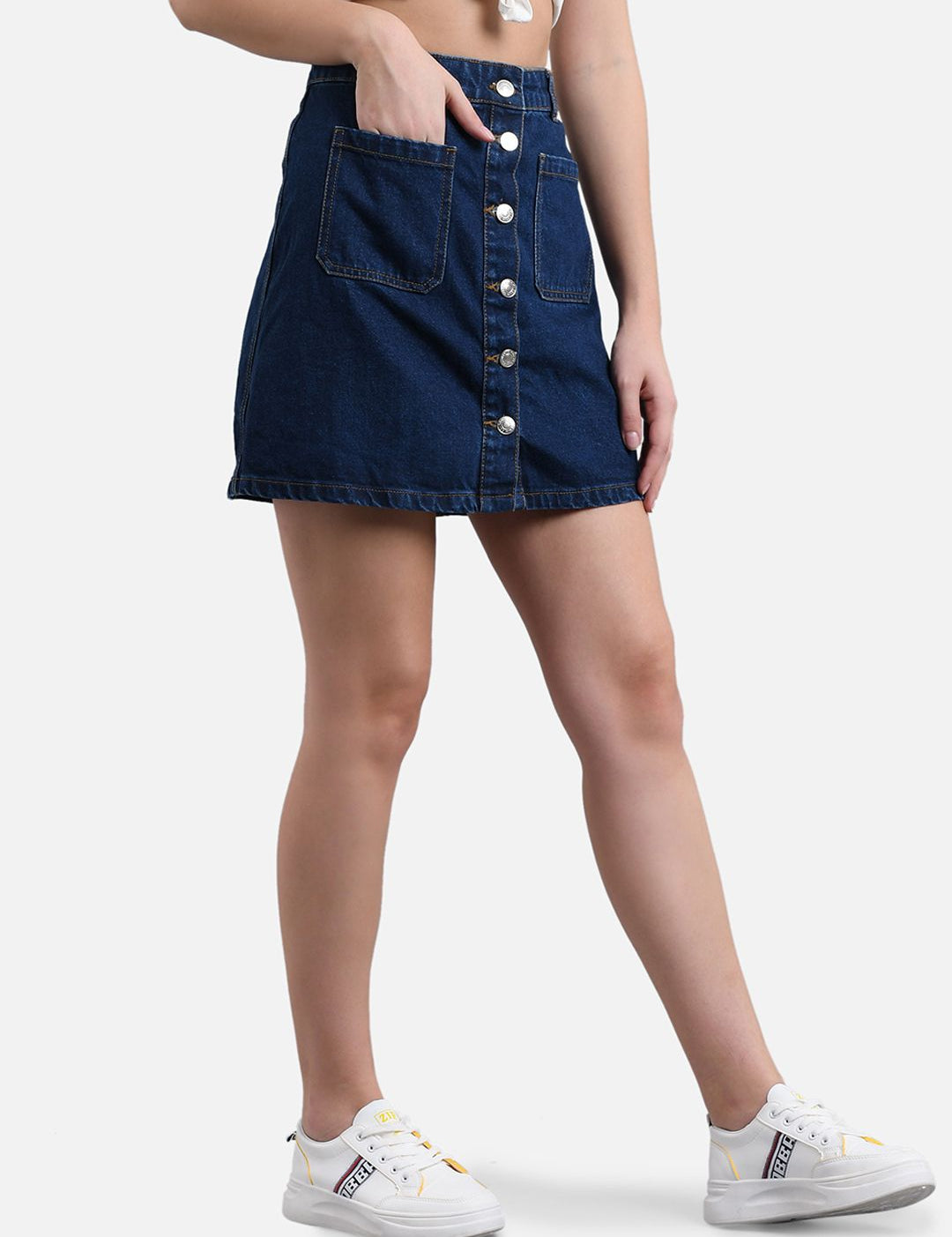 Kotty Women Navy Blue Solid Denim A-Line Mini Skirt