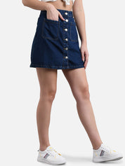 Kotty Women Navy Blue Solid Denim A-Line Mini Skirt