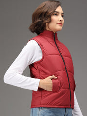 Kotty Women Maroon Solid Sleeveless Puffer Jacket