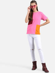 Kotty Women Pink & Maroon Colourblocked Boat Neck T-shirt