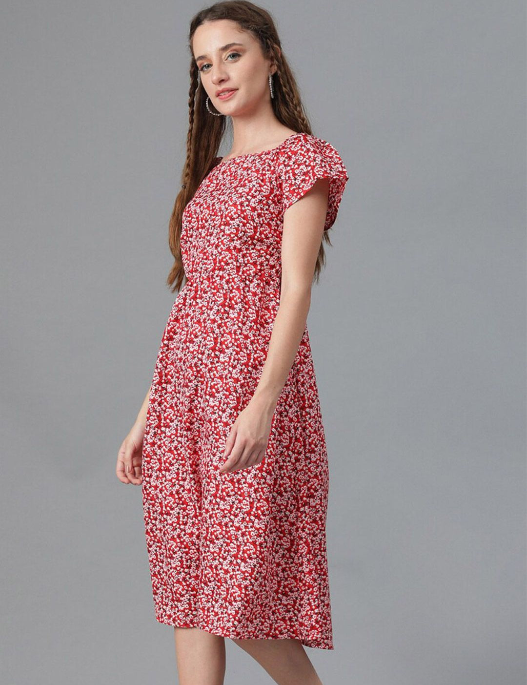 Kotty Red Floral Printed Square Neck Smocked Detailed Fit & Flare Midi Dress