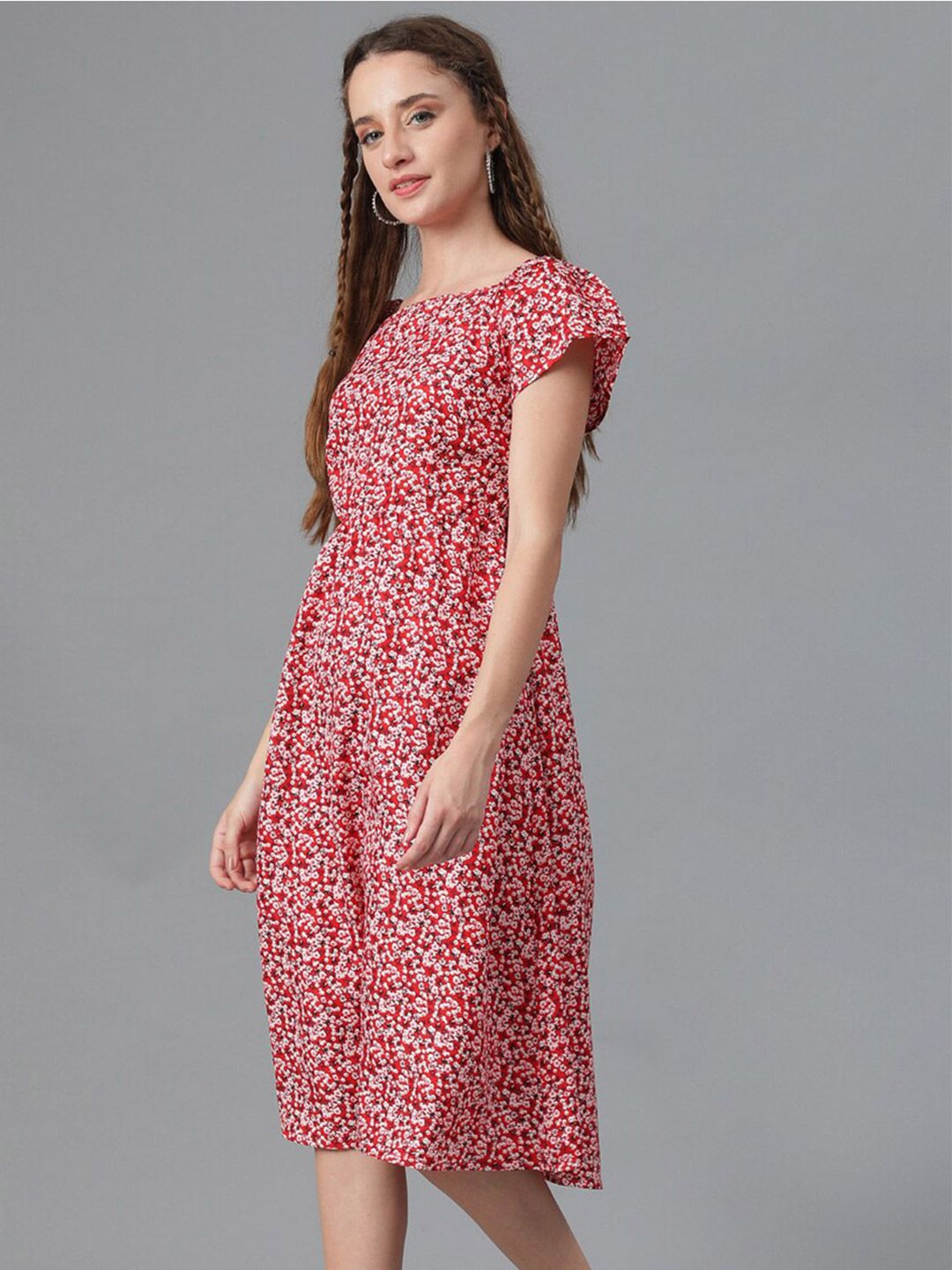 Kotty Red Floral Printed Square Neck Smocked Detailed Fit & Flare Midi Dress
