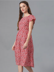 Kotty Red Floral Printed Square Neck Smocked Detailed Fit & Flare Midi Dress