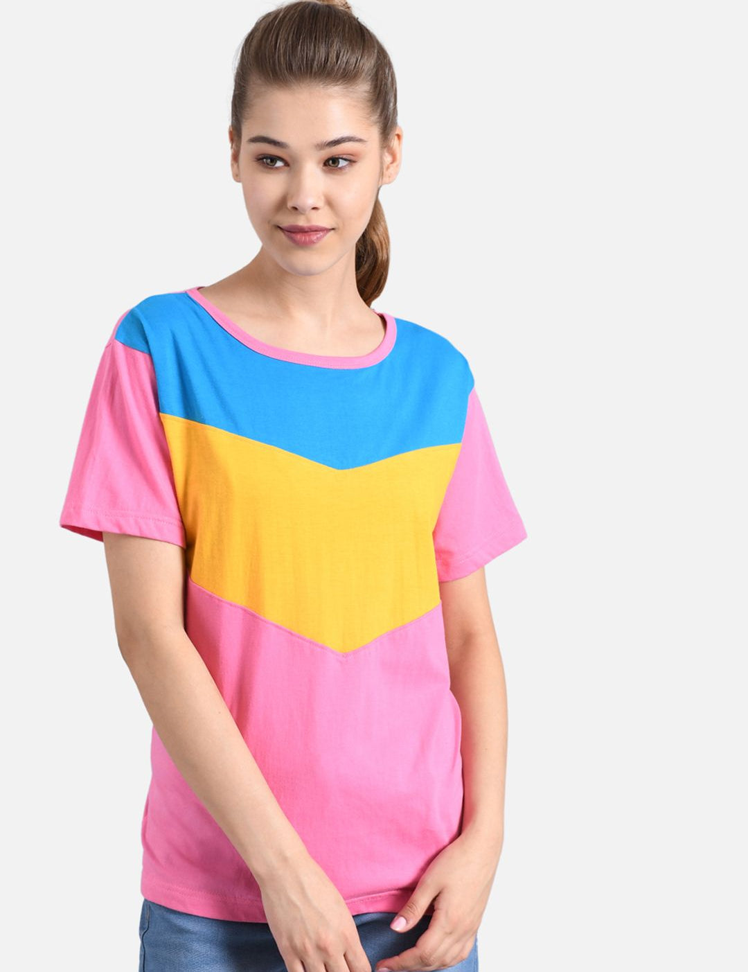 Kotty Women Pink & Yellow Colourblocked Round Neck T-shirt