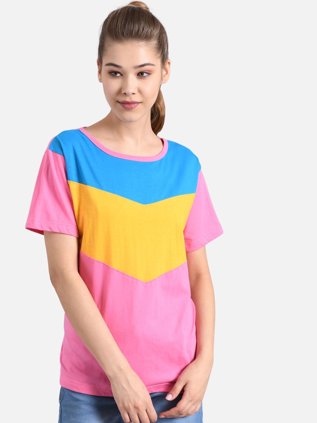 Kotty Women Pink & Yellow Colourblocked Round Neck T-shirt
