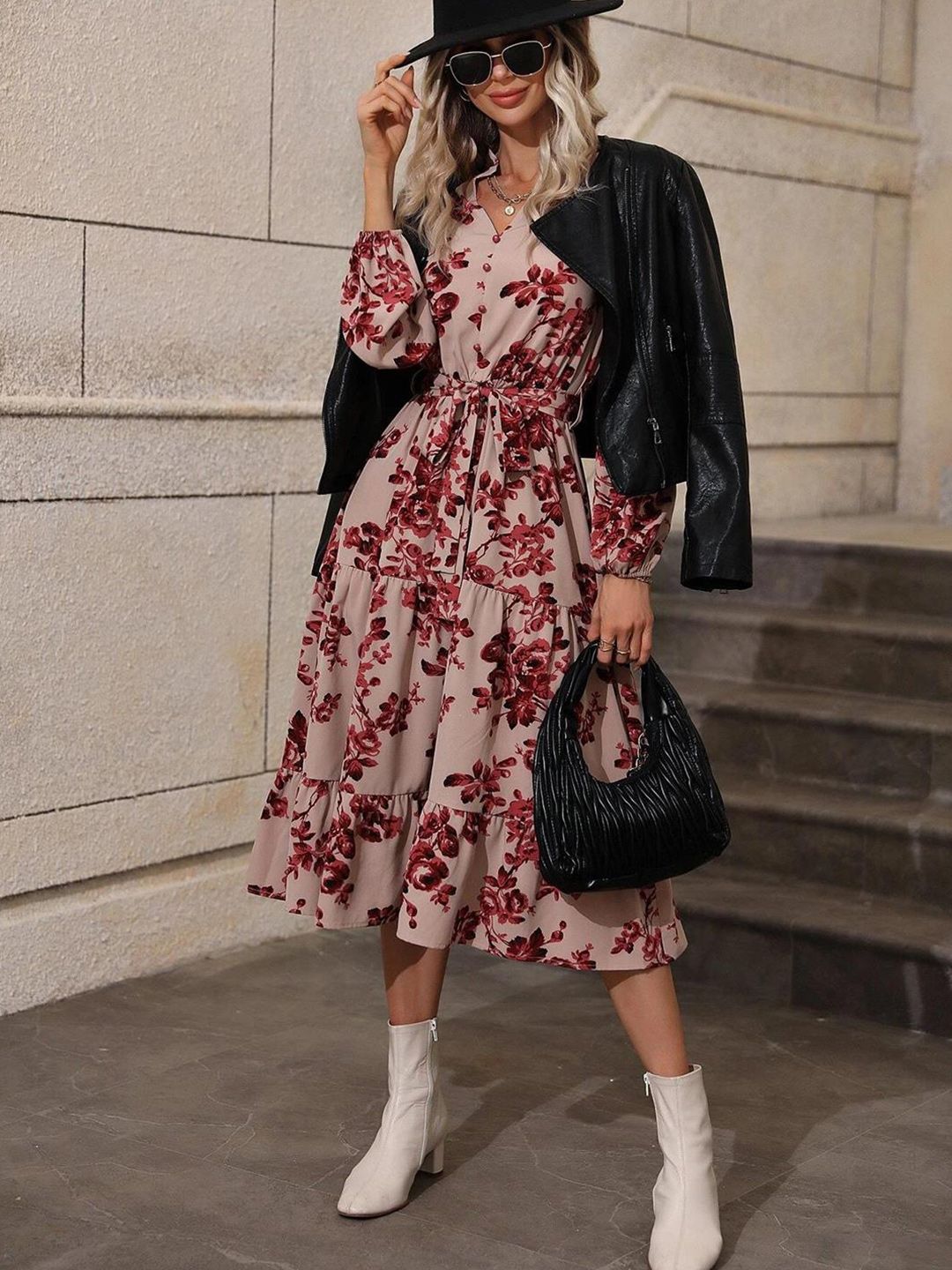 Kotty Beige & Maroon Printed Band Collar Puff Sleeves Crepe Tiered Fit & Flare Midi Dress