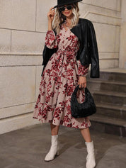 Kotty Beige & Maroon Printed Band Collar Puff Sleeves Crepe Tiered Fit & Flare Midi Dress