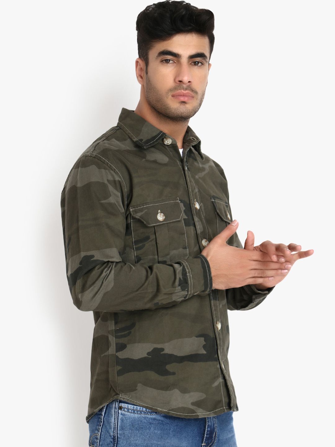 Kotty Men Olive Green Camouflage Printed Jacket