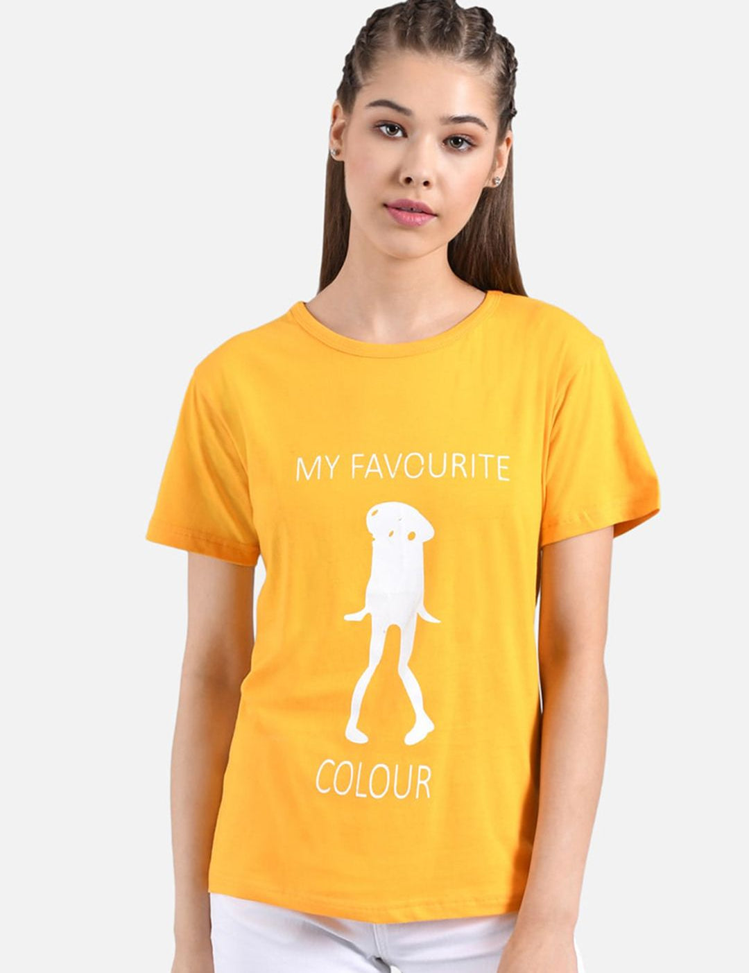 Kotty Women Mustard Yellow & White Printed Round Neck T-shirt