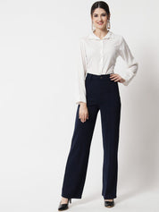 KOTTY BIZwear Women Navy Blue Relaxed Straight Fit High-Rise Pleated Trouser