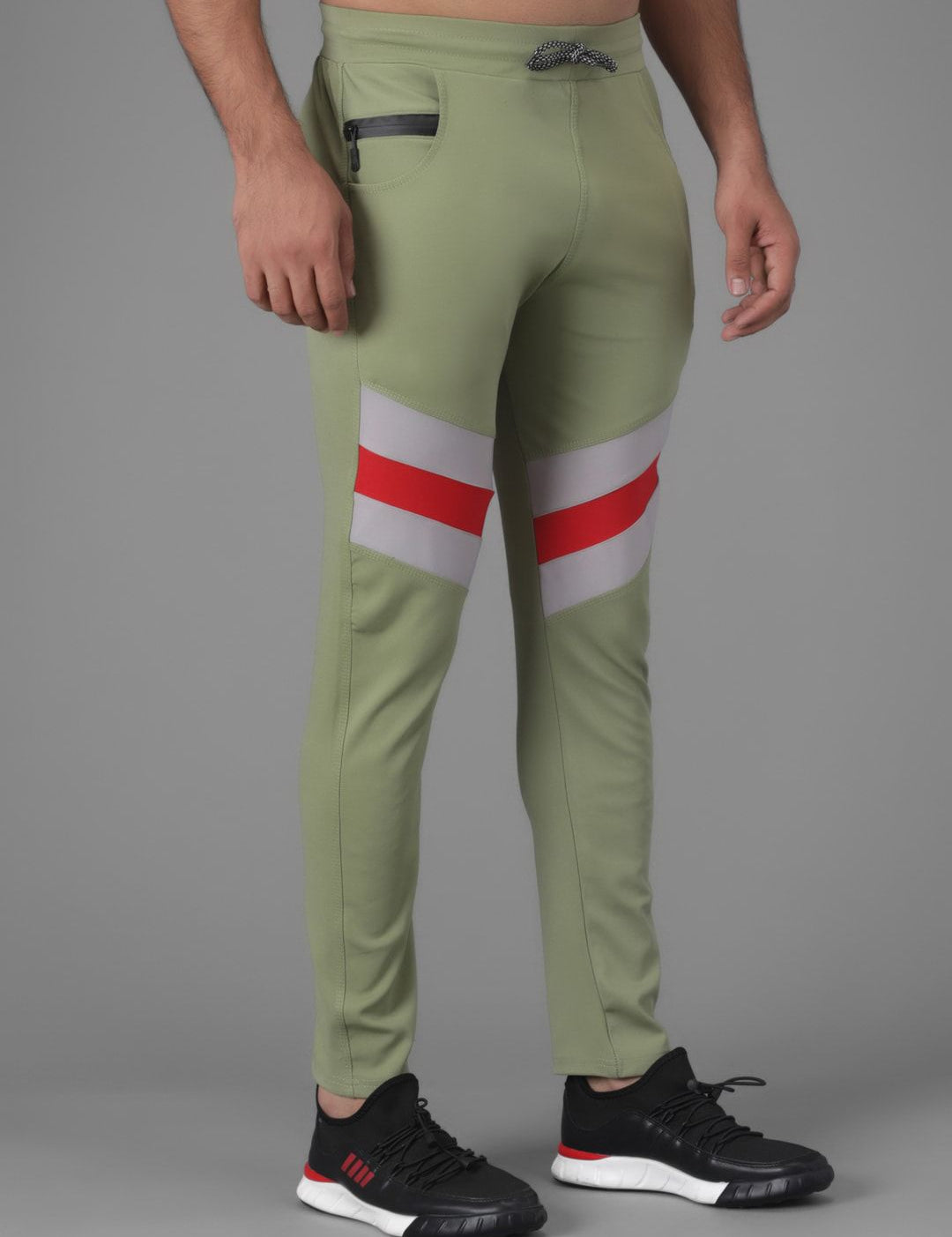 Kotty Men Green & Grey Striped Straight Fit Track Pants