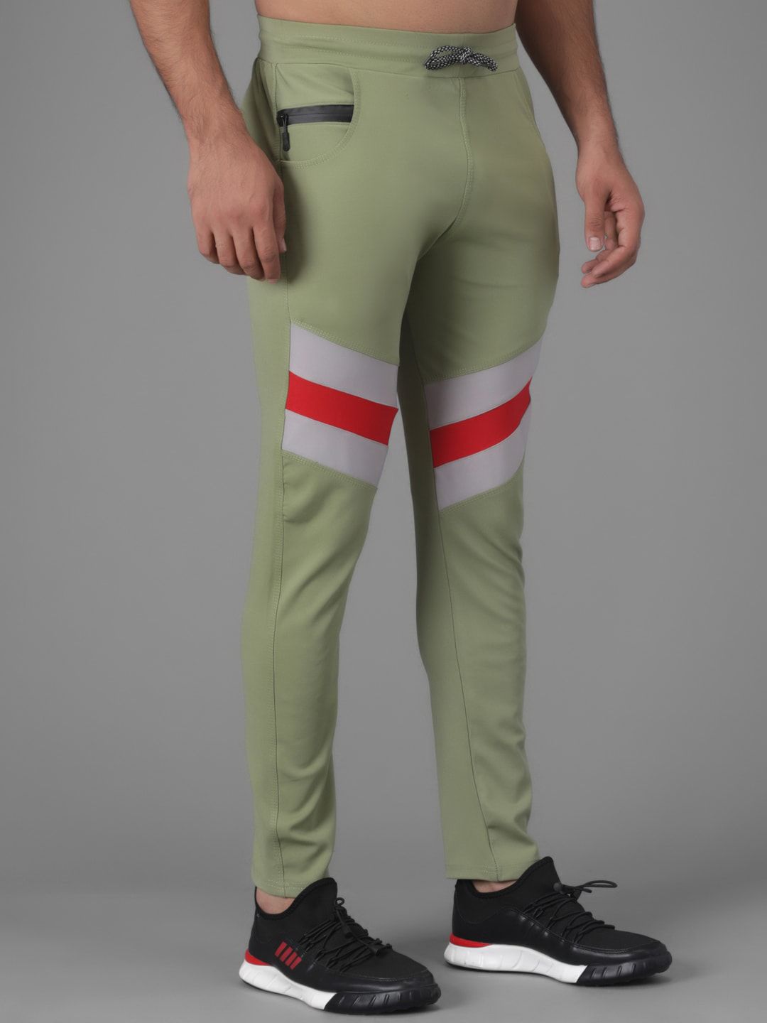 Kotty Men Green & Grey Striped Straight Fit Track Pants