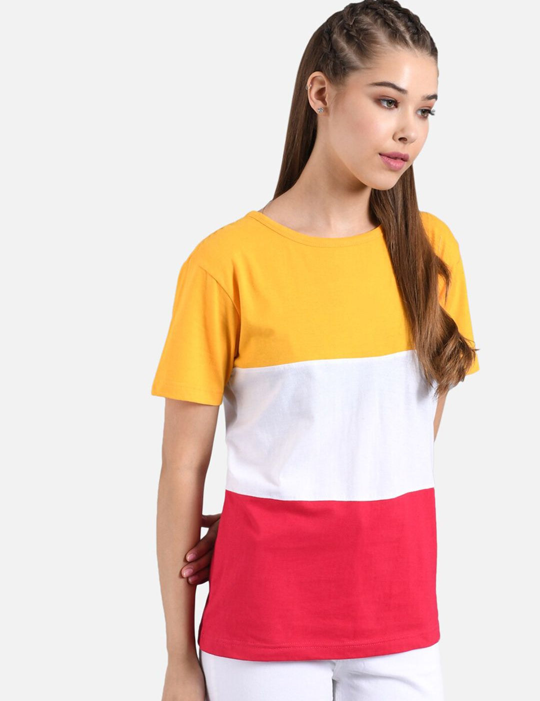Kotty Yellow Colourblocked Round Neck Regular Fit Cotton Casual T-Shirt