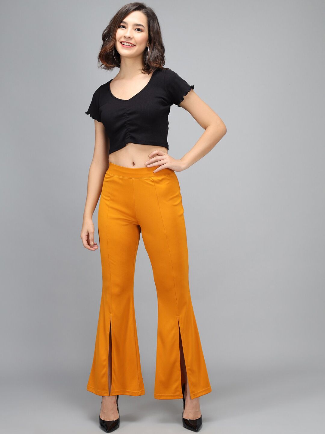 Kotty Women Yellow Flared High-Rise Parallel Trousers