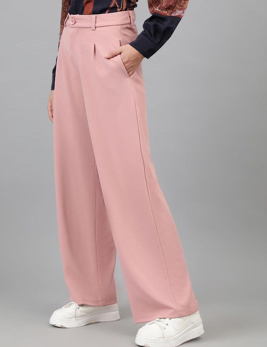 Kotty Women Pink Relaxed Straight Leg Straight Fit High-Rise Easy Wash Pleated Trousers