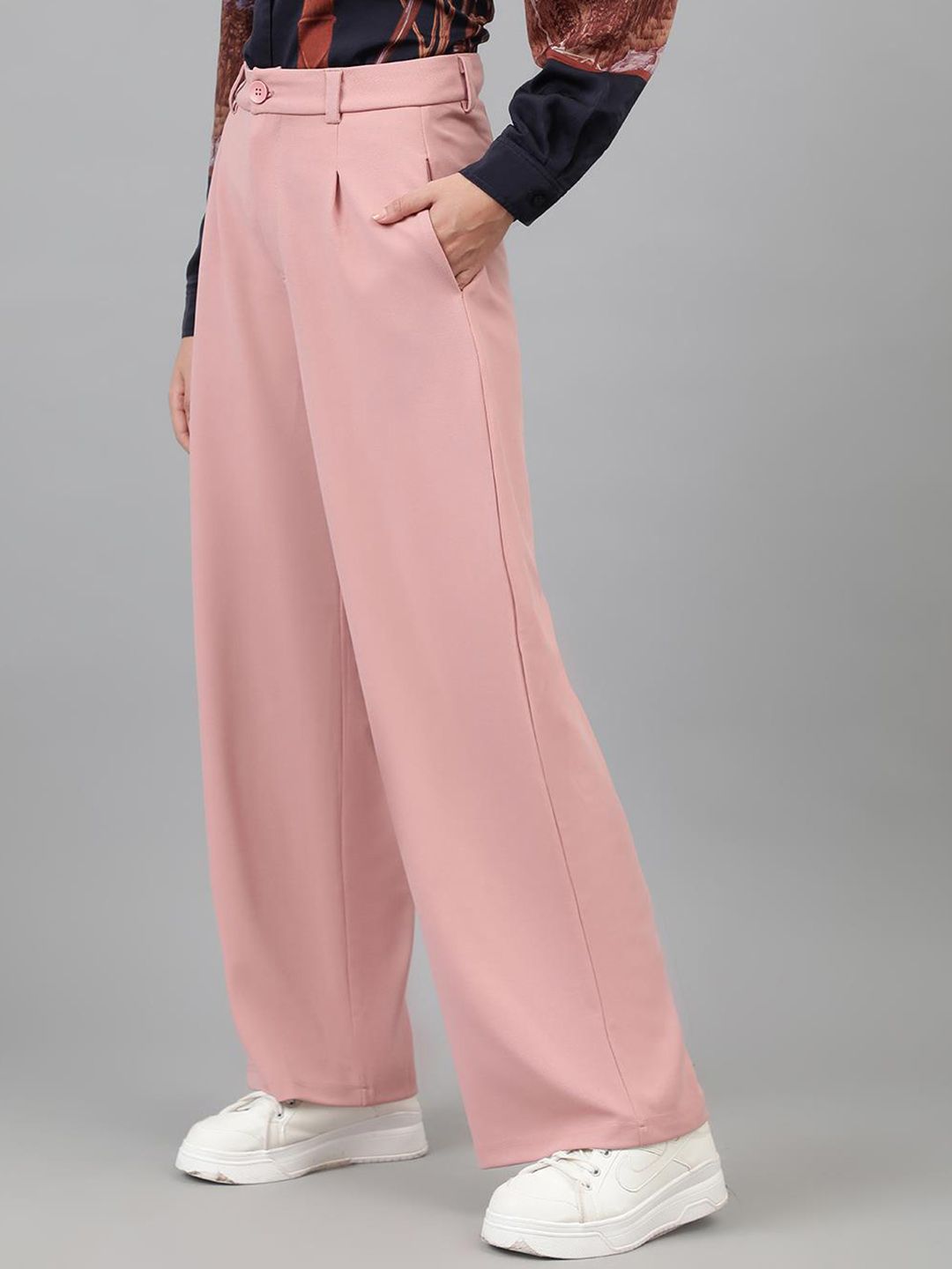 Kotty Women Pink Relaxed Straight Leg Straight Fit High-Rise Easy Wash Pleated Trousers