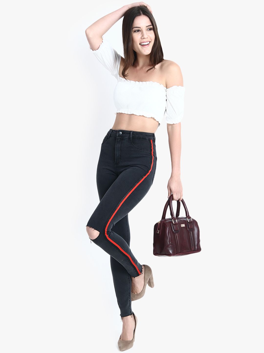 Kotty Women Black Skinny Fit High-Rise Slash Knee Stretchable Jeans