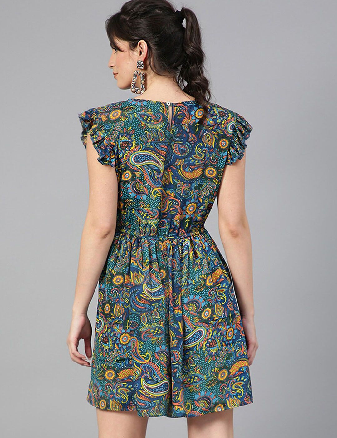 Kotty Floral Printed Flutter Sleeves Fit & Flare Dress