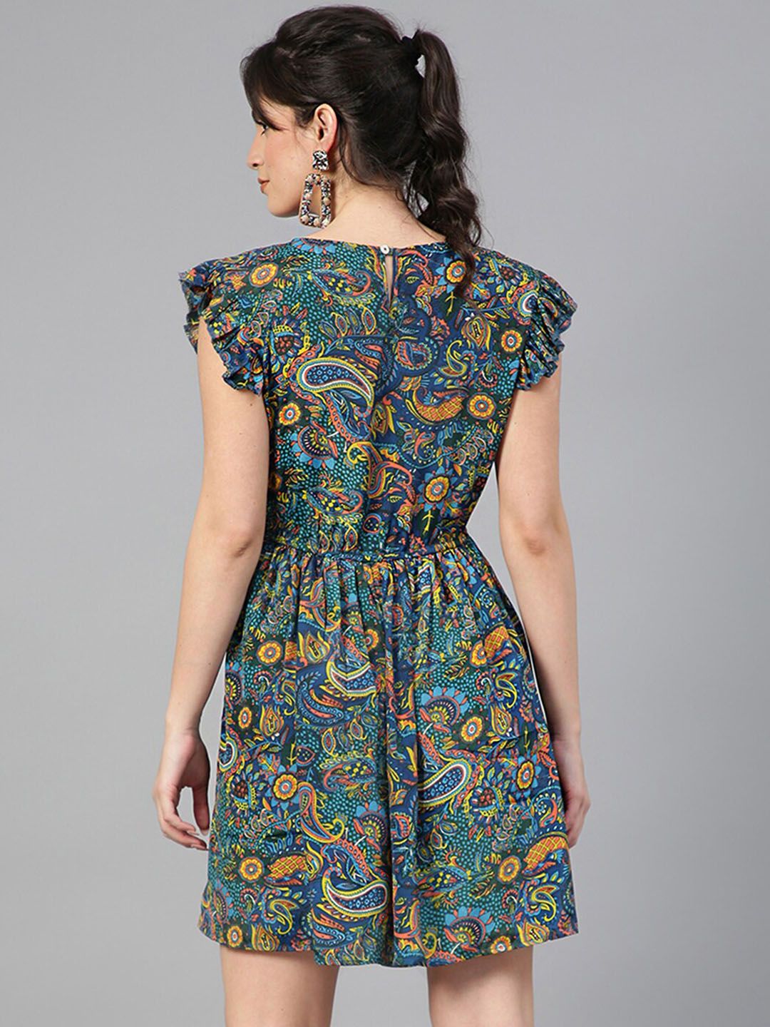 Kotty Floral Printed Flutter Sleeves Fit & Flare Dress