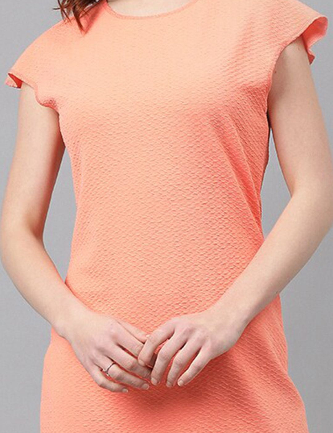 Kotty Orange Self Design Round Neck Extended Sleeves Sheath Dress