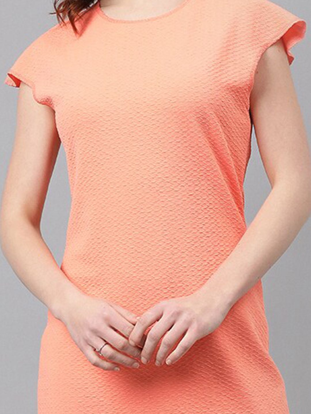 Kotty Orange Self Design Round Neck Extended Sleeves Sheath Dress