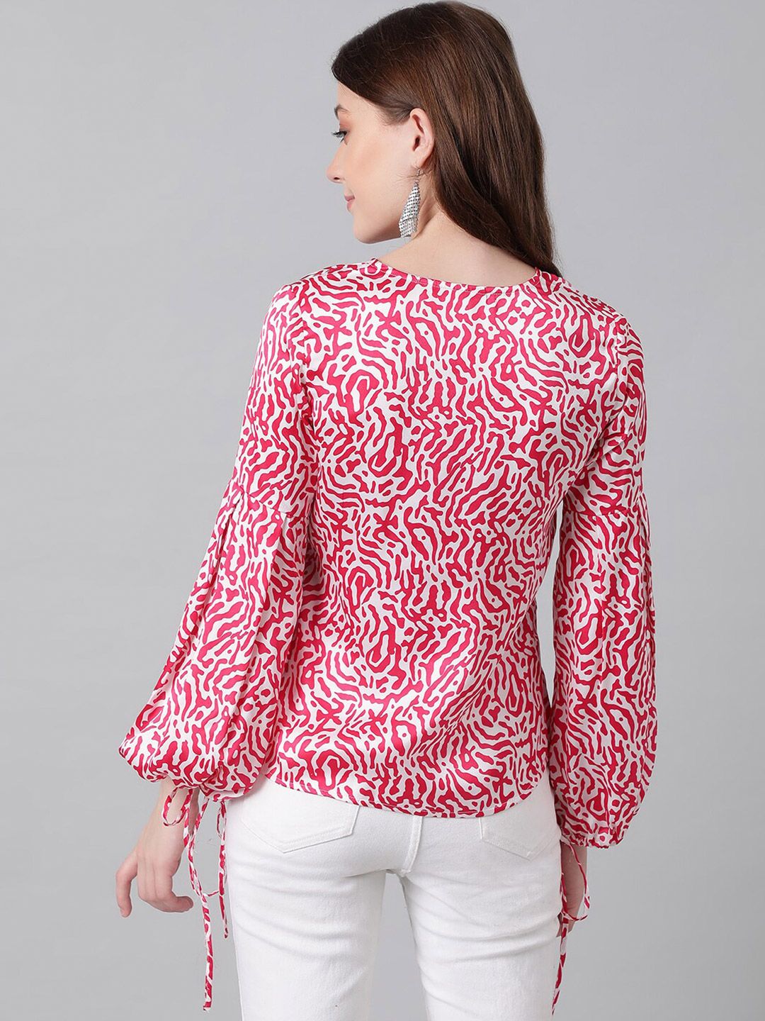 Kotty Red & White Animal Printed Puff Sleeve Satin Blouson Top