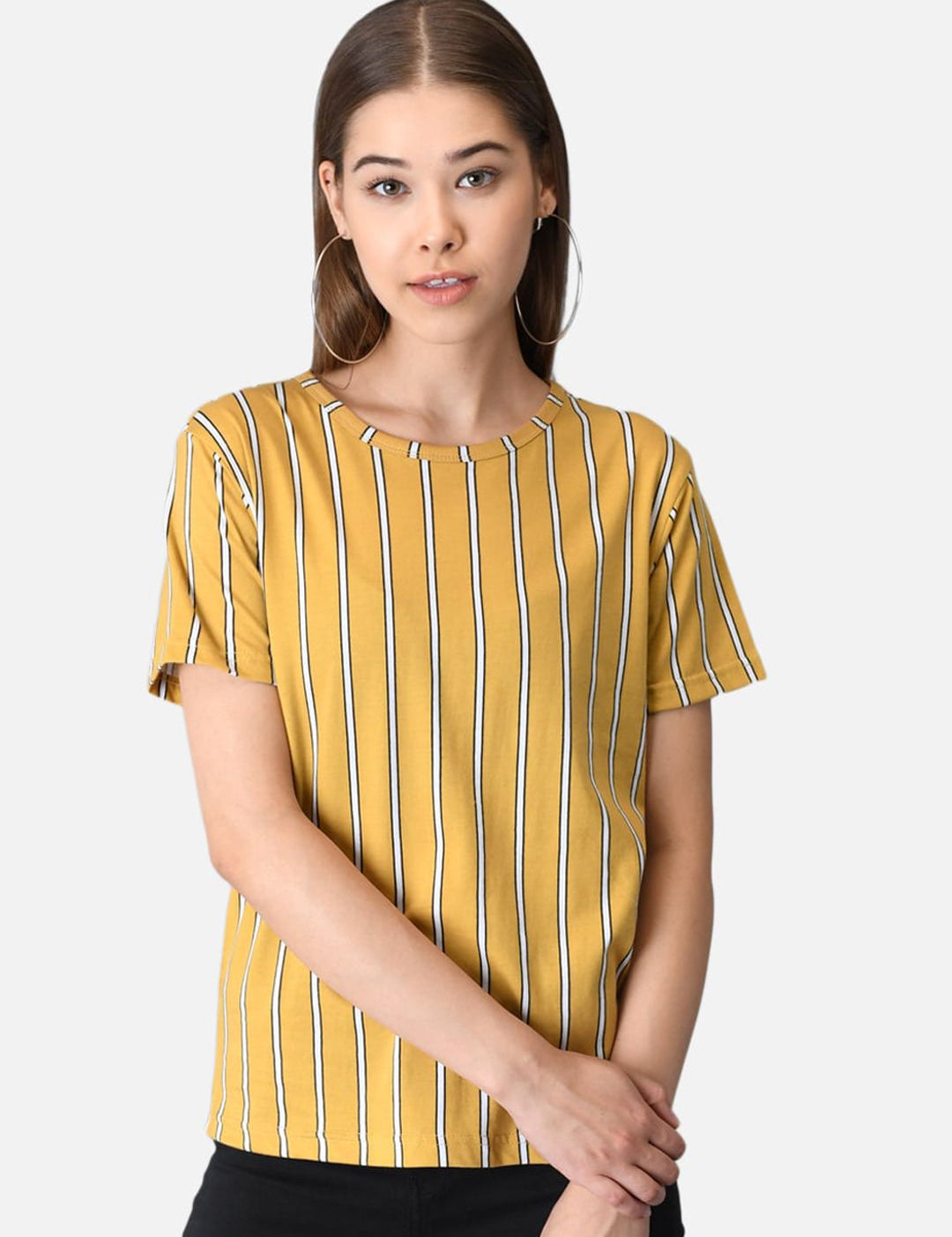Kotty Women Yellow Striped Boat Neck T-shirt