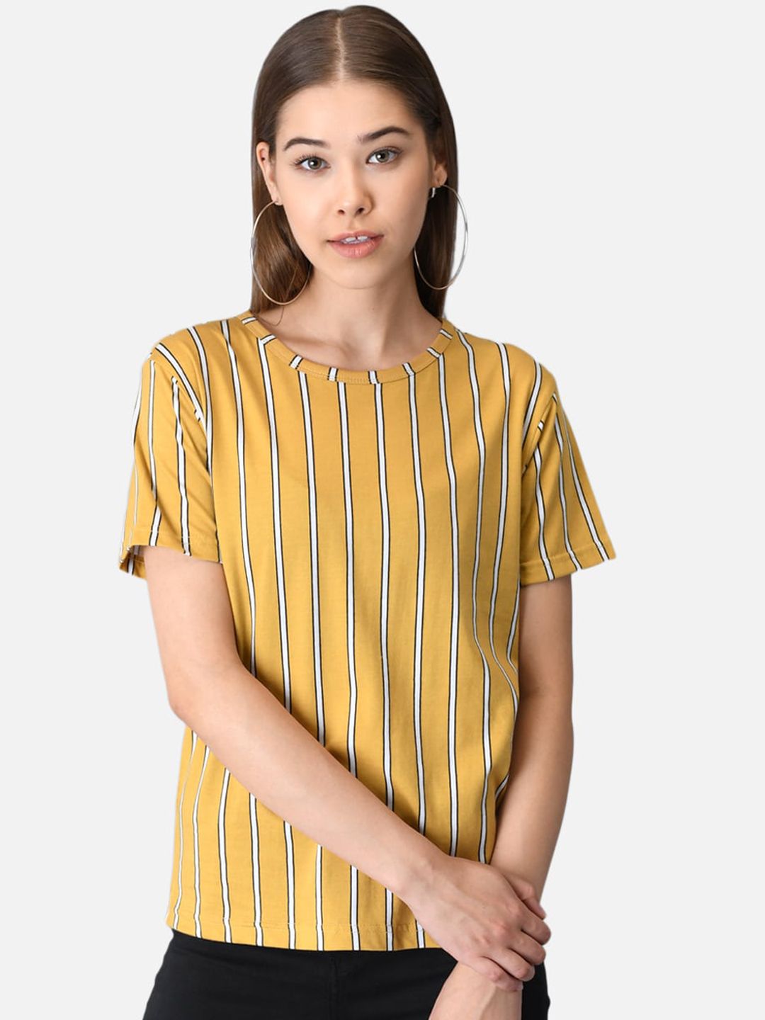 Kotty Women Yellow Striped Boat Neck T-shirt