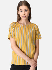 Kotty Women Yellow Striped Boat Neck T-shirt