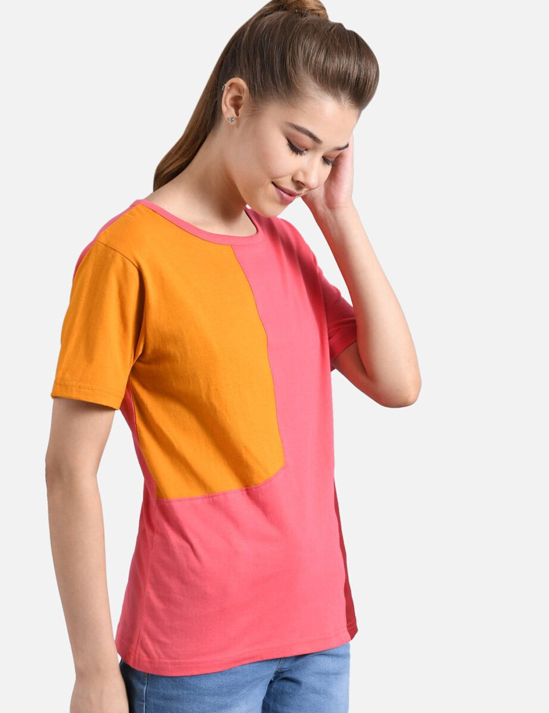 Kotty Women Pink & Mustard Yellow Colourblocked Round Neck T-shirt