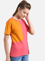Kotty Women Pink & Mustard Yellow Colourblocked Round Neck T-shirt