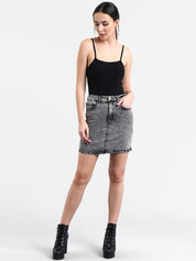 Kotty Women Grey Solid Denim Mini Straight Skirt