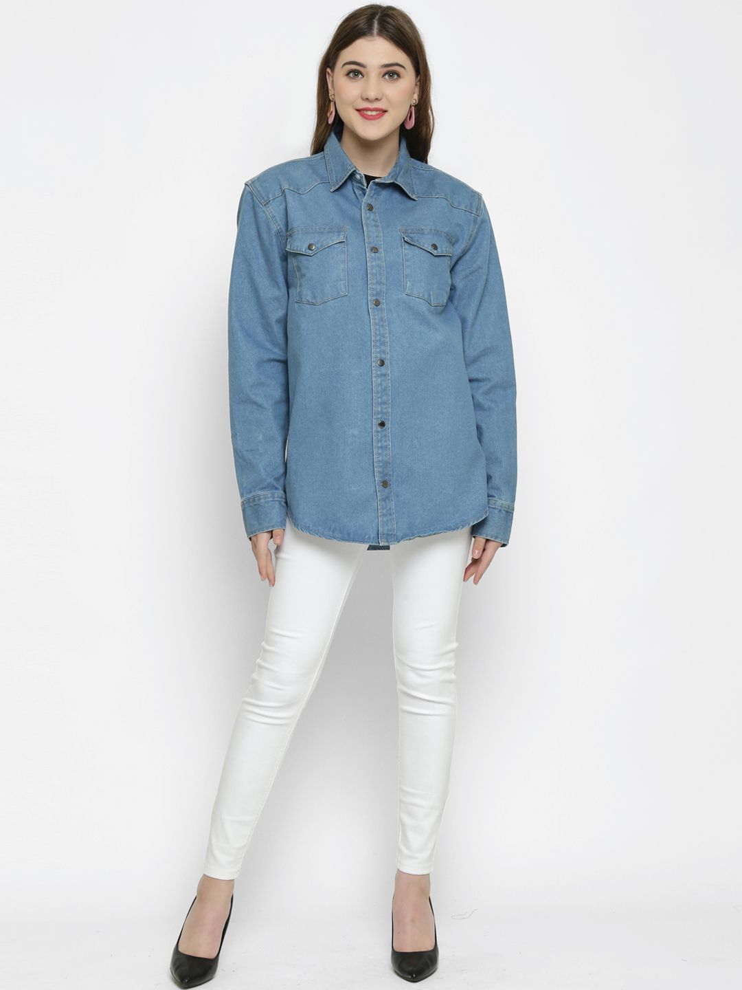 Kotty Women Blue Solid Oversized Longline Denim Jacket