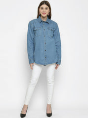 Kotty Women Blue Solid Oversized Longline Denim Jacket
