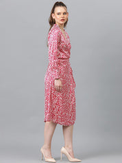 Kotty Pink & White Abstract Printed Puffed Sleeves Satin Midi Dress