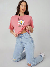 Kotty Pink Floral Printed Round Neck Drop-Shoulder Sleeves Oversized Crop T-shirt