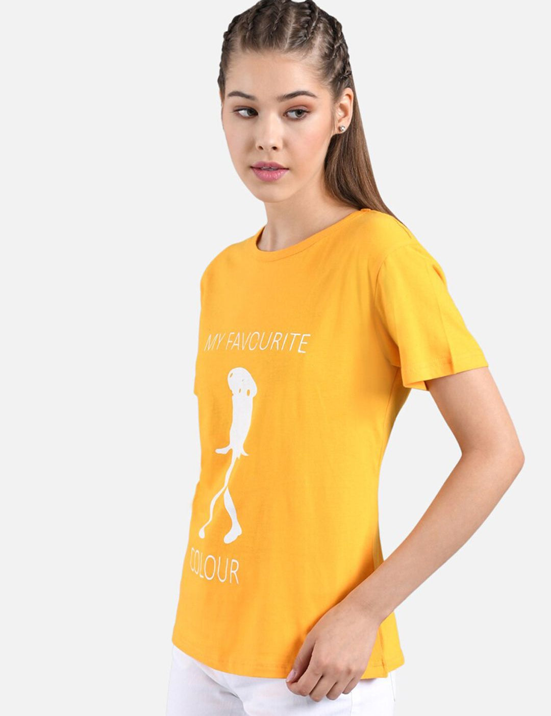 Kotty Women Mustard Yellow & White Printed Round Neck T-shirt