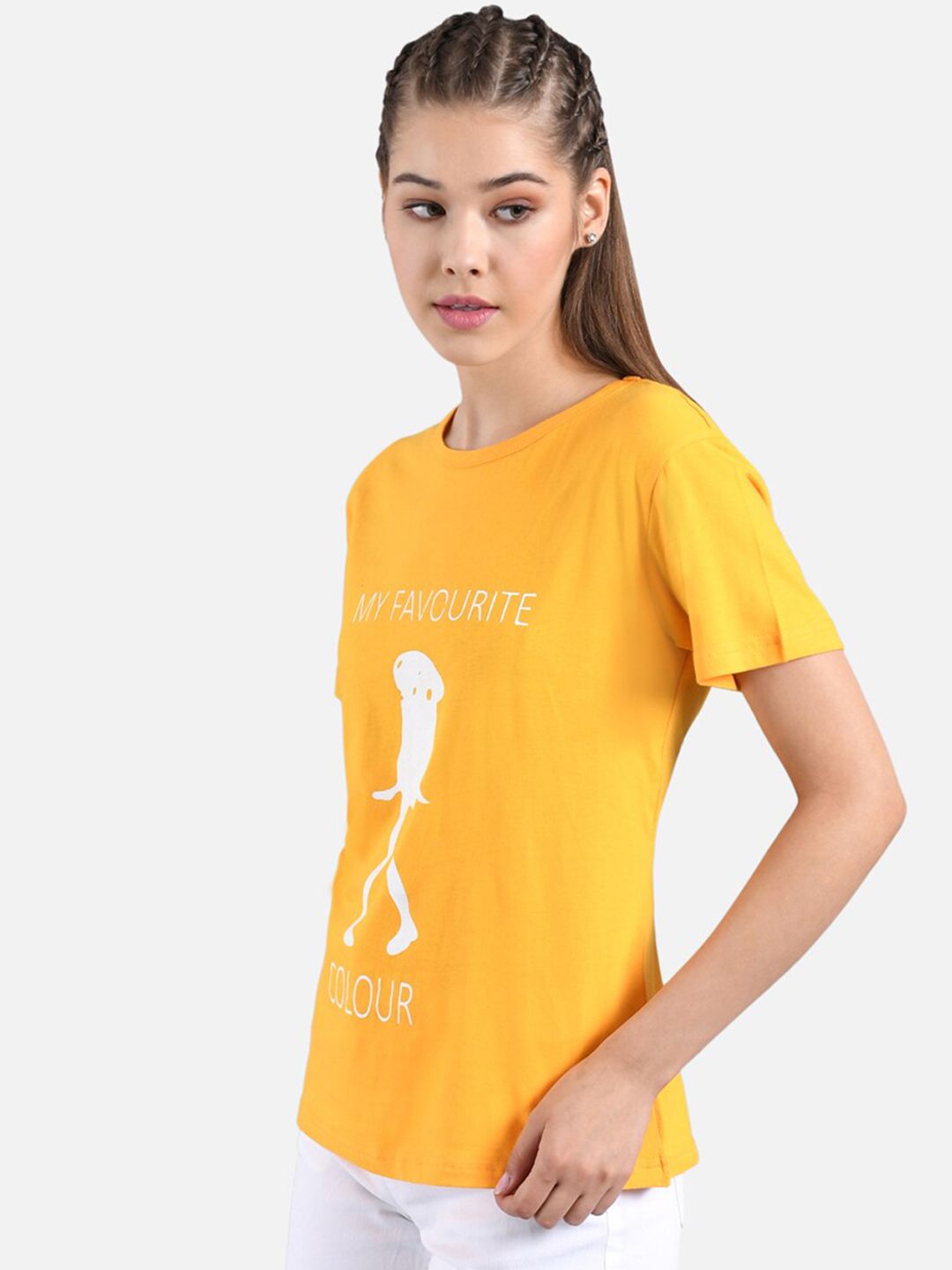 Kotty Women Mustard Yellow & White Printed Round Neck T-shirt