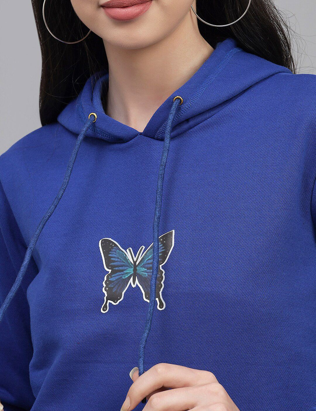 Kotty Women Blue Printed Fleece Hooded Sweatshirt
