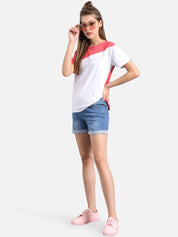 Kotty Women White & Pink Colourblocked Round Neck T-shirt