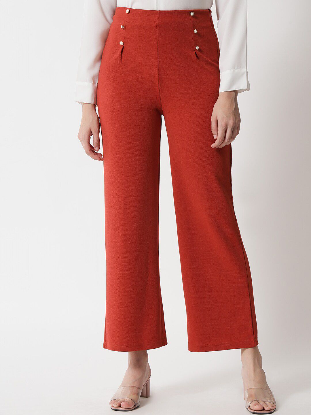 Kotty Women Orange Regular Fit High-Rise Easy Wash Trousers