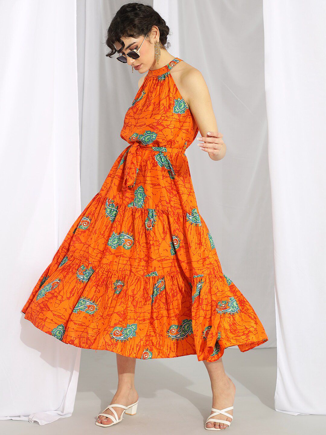Kotty Orange Ethnic Motif Printed Tiered Fit & Flare Midi Dress