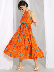Kotty Orange Ethnic Motif Printed Tiered Fit & Flare Midi Dress