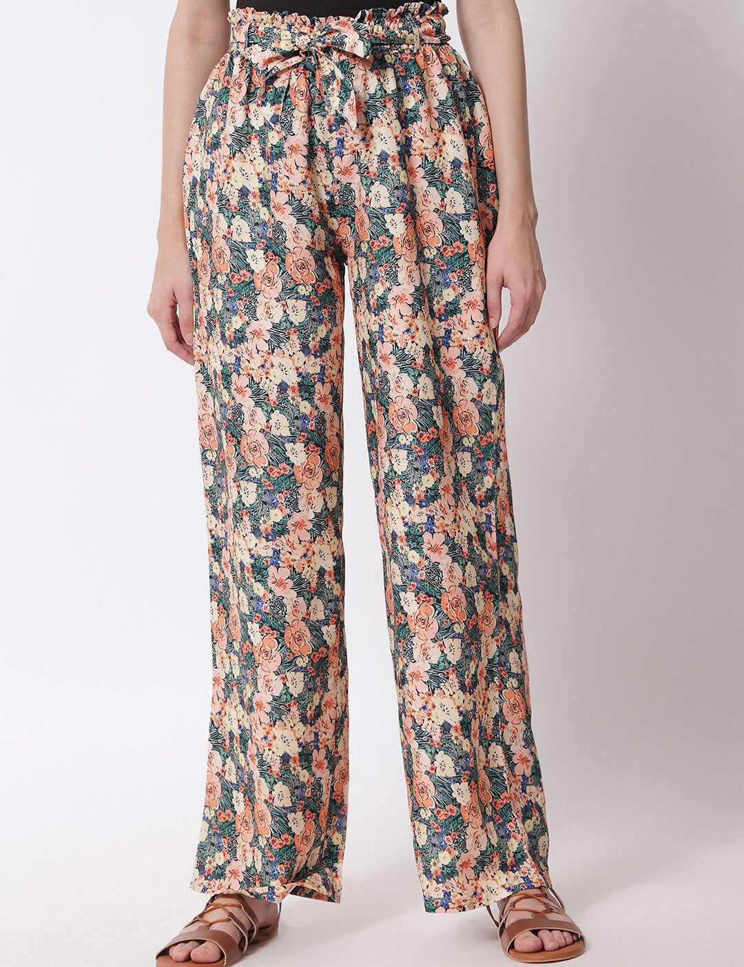 Kotty Women Peach-Coloured Floral Printed Relaxed High-Rise Trousers